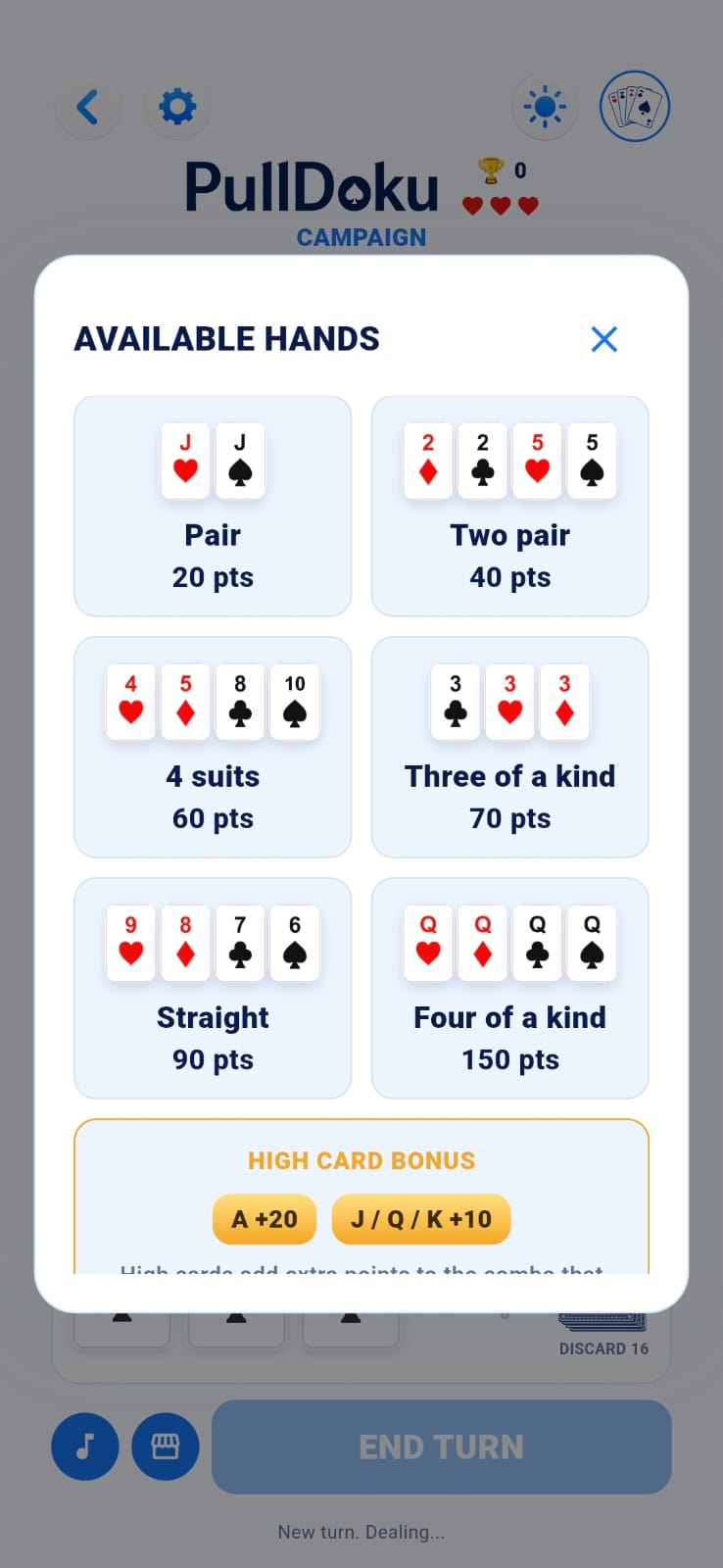 PullDoku available hands modal